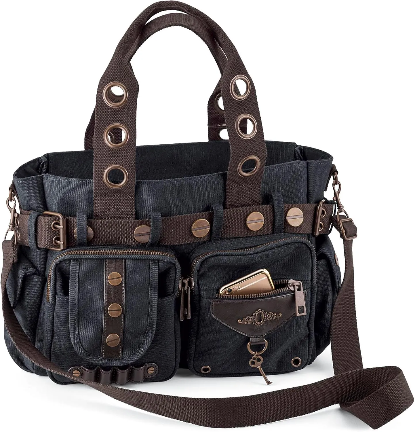 SAGEFINDS Steampunk Key Canvas Handbag | Crossbody Shoulder Purse for Women | Messenger Bag with Top Handles | Adjustable and Detachable Body Strap | Hobo with Multi Pockets | 14” x 10”