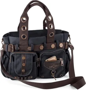 SAGEFINDS Steampunk Key Canvas Handbag | Crossbody Shoulder Purse for Women | Messenger Bag with Top Handles | Adjustable and Detachable Body Strap | Hobo with Multi Pockets | 14” x 10”