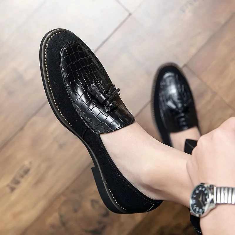 Santimon Men's Leather Crocodile Pattern Tassel Loafers Frormal Suede Dress Slip on Casual Party Wedding Tuxedo Shoes