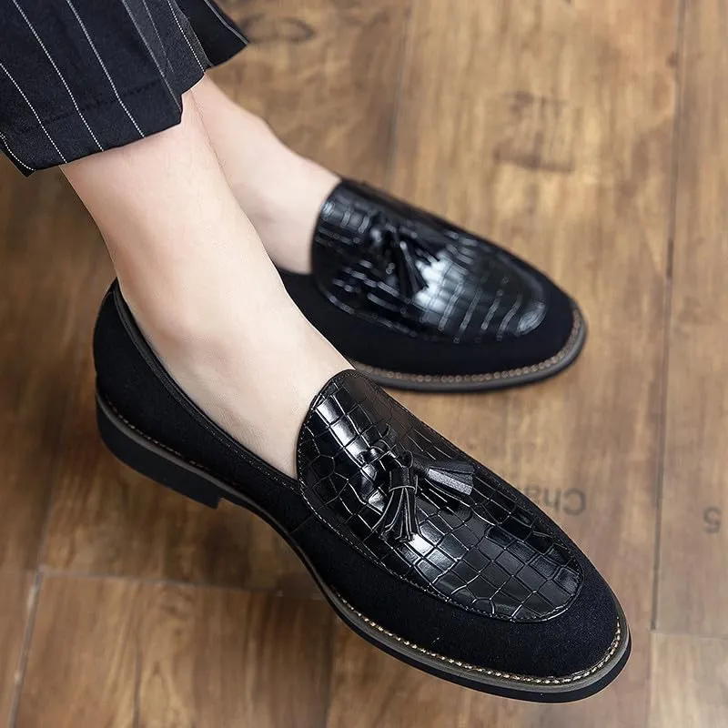 Santimon Men's Leather Crocodile Pattern Tassel Loafers Frormal Suede Dress Slip on Casual Party Wedding Tuxedo Shoes