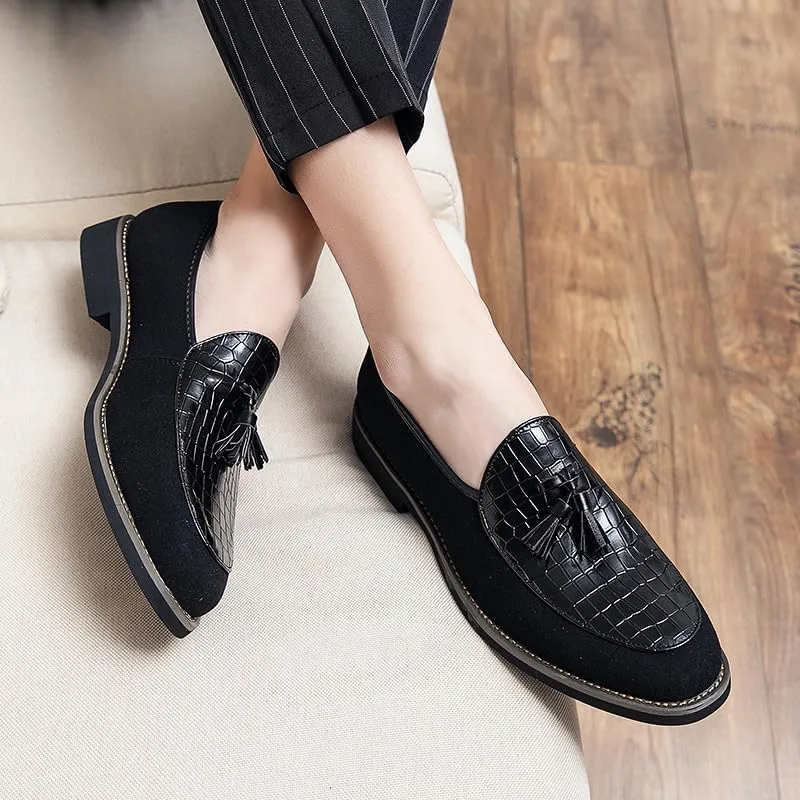Santimon Men's Leather Crocodile Pattern Tassel Loafers Frormal Suede Dress Slip on Casual Party Wedding Tuxedo Shoes