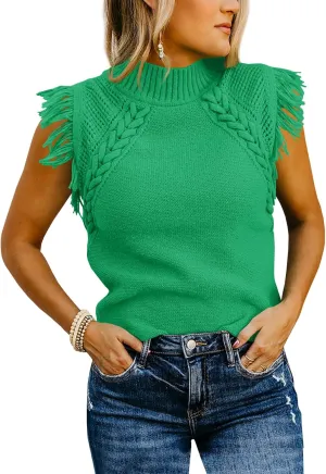 Saodimallsu Womens Sleeveless Sweater Vest Mock Neck Cable Knit Fringe Cap Sleeve Boho Trendy Pullover Tank Tops