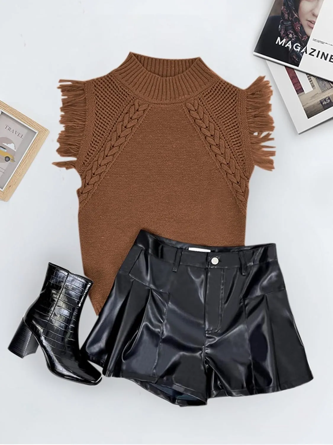Saodimallsu Womens Sleeveless Sweater Vest Mock Neck Cable Knit Fringe Cap Sleeve Boho Trendy Pullover Tank Tops