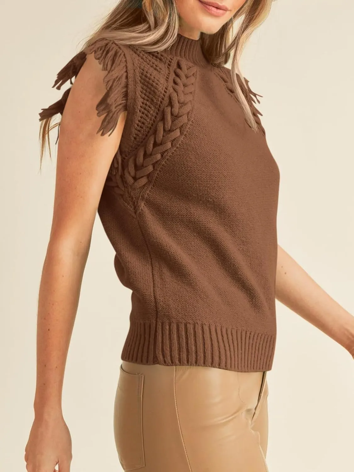 Saodimallsu Womens Sleeveless Sweater Vest Mock Neck Cable Knit Fringe Cap Sleeve Boho Trendy Pullover Tank Tops