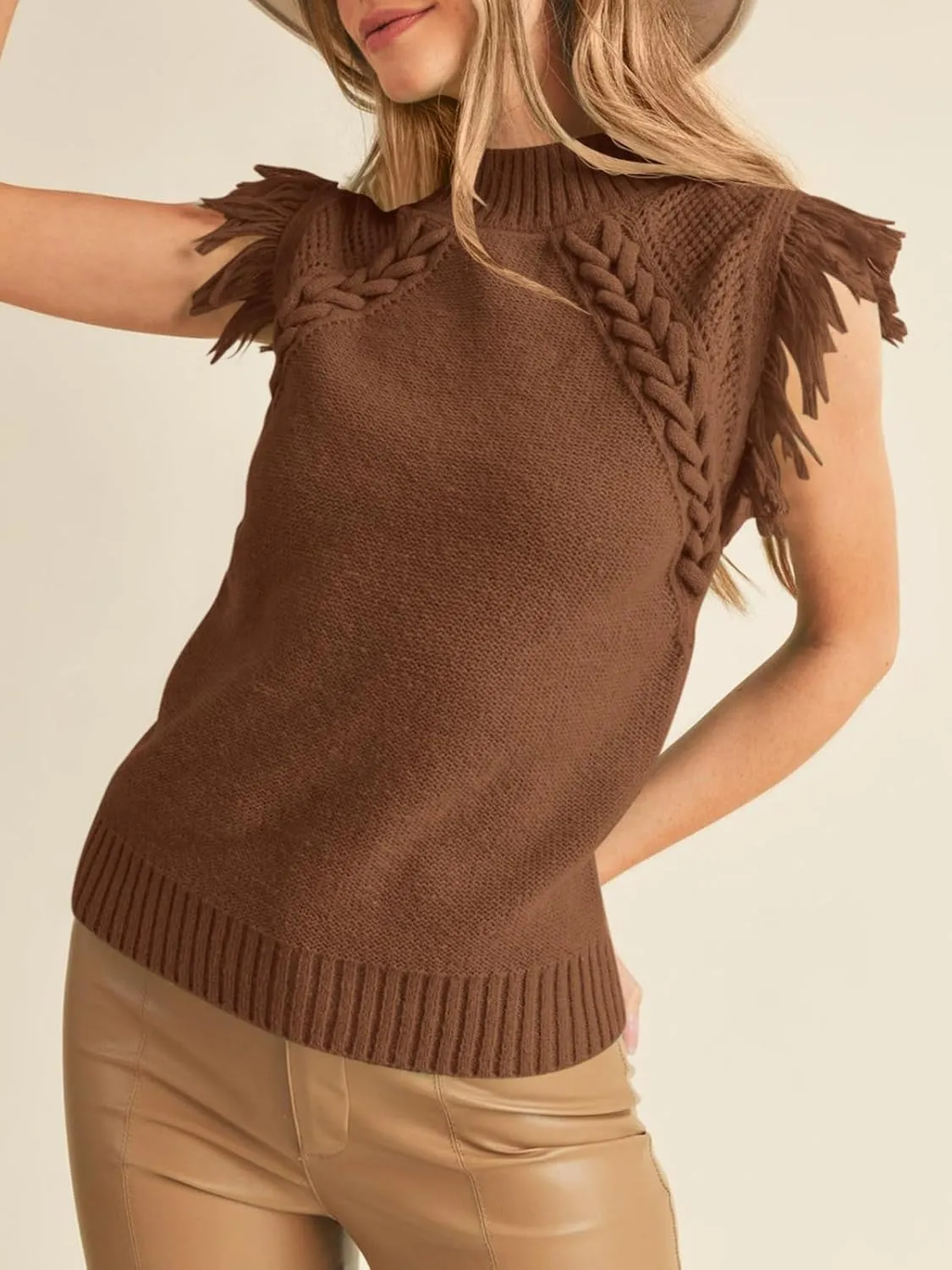 Saodimallsu Womens Sleeveless Sweater Vest Mock Neck Cable Knit Fringe Cap Sleeve Boho Trendy Pullover Tank Tops