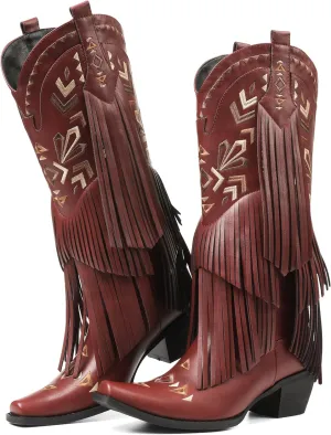 SaraIris Women's Cowgirl Boots Knee High Fringe Boots