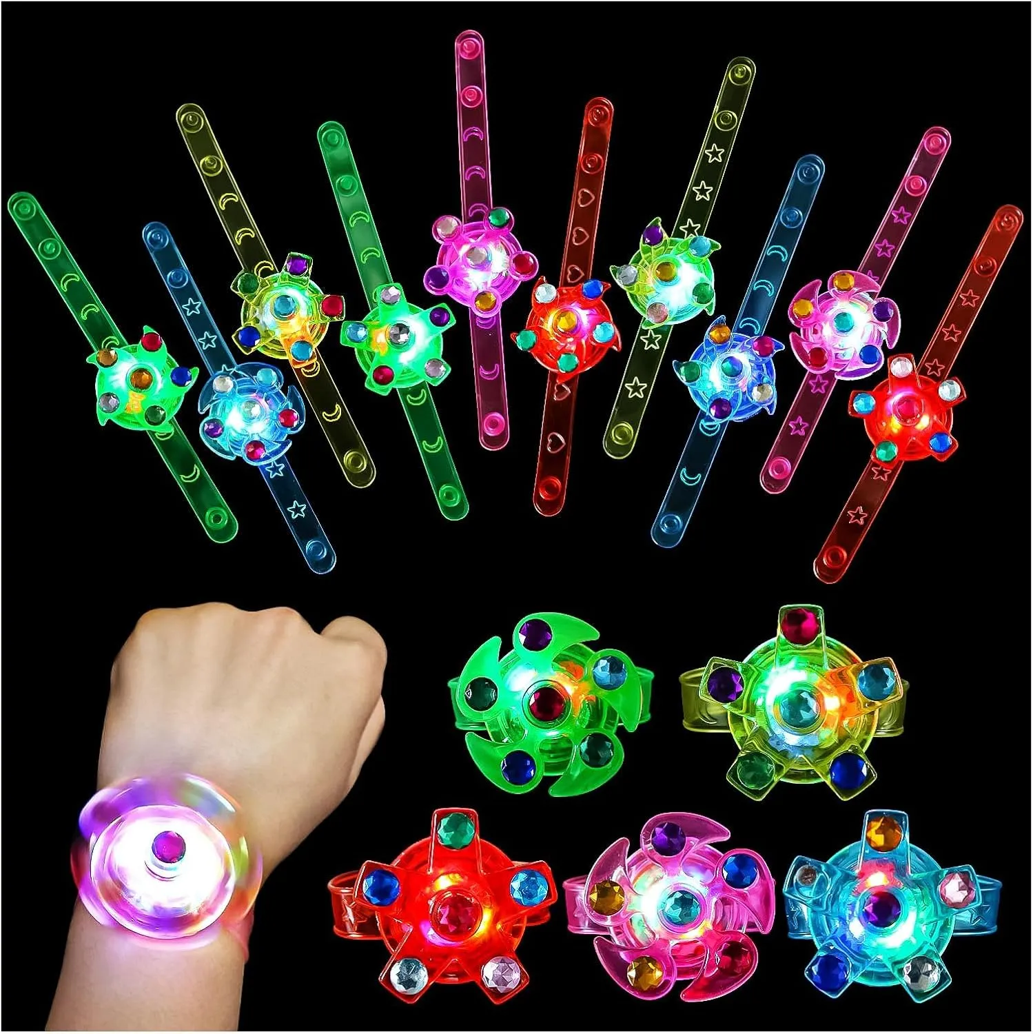 SCIONE 48 Pack LED Light Up Fidget Spinner Bracelets, Glow in The Dark Halloween Party Favors for Kids 4-8 8-12, Treasure Box Toys for Classroom, Birthday Gifts, Goodie Bags Stuffers for Boys/Girls