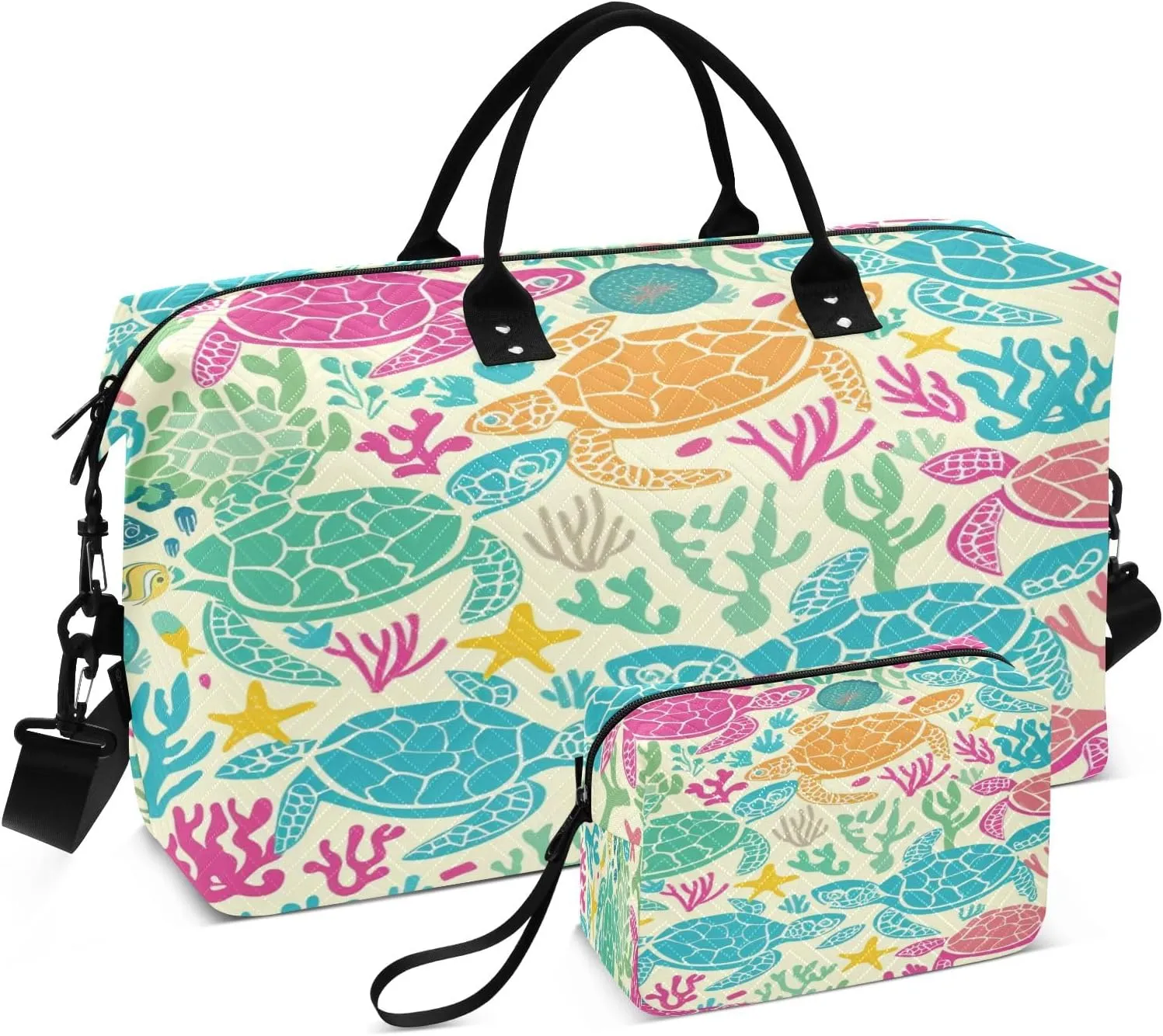 Seaweed Turtles Colorful Travel Duffel Bags with Toiletry Bag for Travel Gym Yoga Weekender Bag