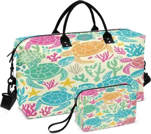 Seaweed Turtles Colorful Travel Duffel Bags with Toiletry Bag for Travel Gym Yoga Weekender Bag