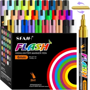 SFAIH Liquid Chalk Markers [1-Second Wet Wipe] - 6mm 30 Colors [Neon Pastel Metallic], No Residue, Zero Dust Chalkboard Markers for Whiteboard, Windows, Glass, Signs, With Highlighter Color Marker