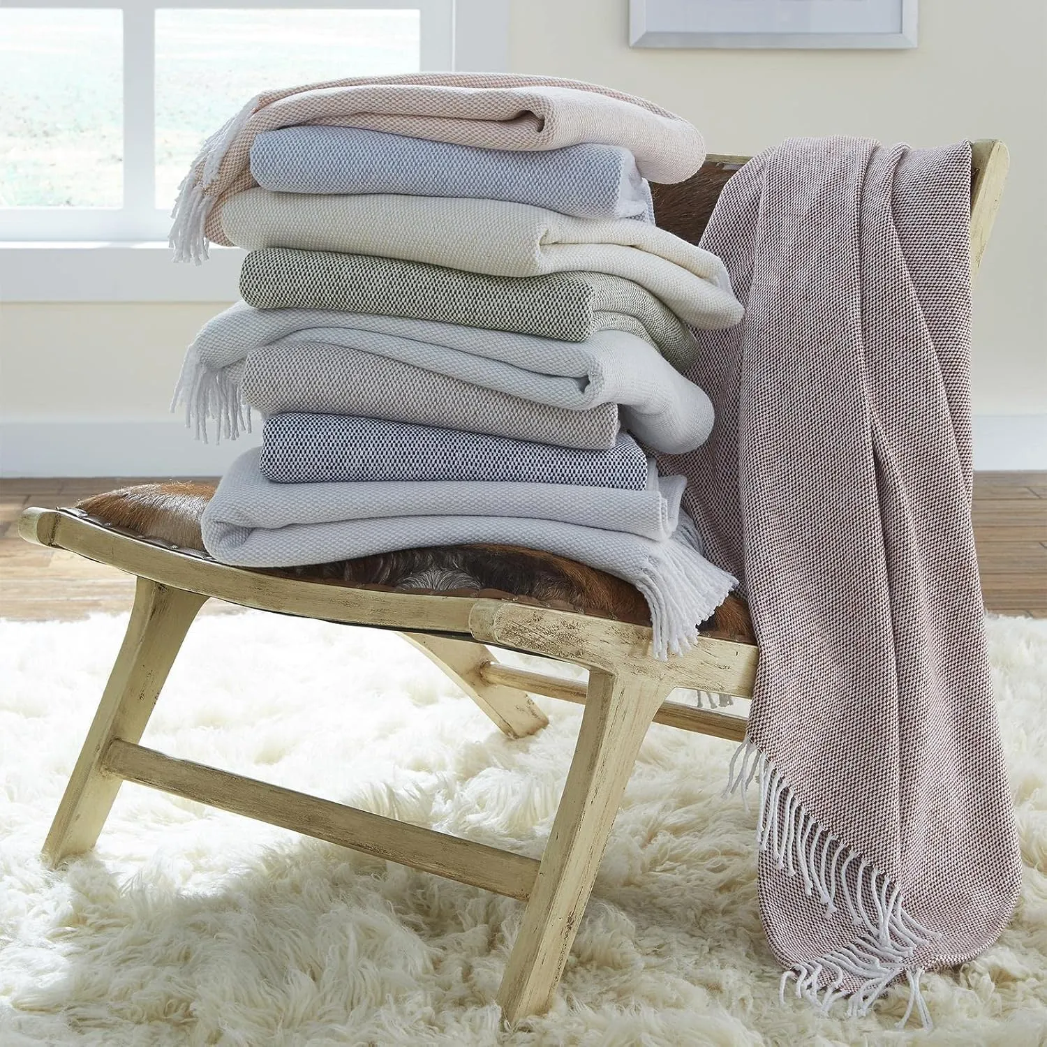 Sferra Terzo 100% Brushed Cotton Throw - Navy/White