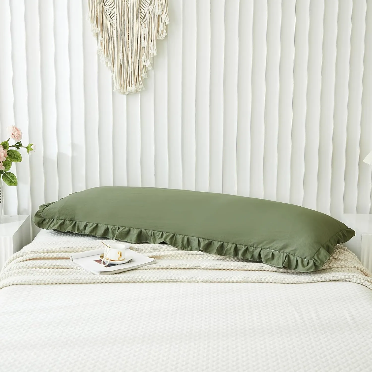 Shabby Chic Olive Green Body Pillow Cover - 20x54in Long Pillowcase with Ruffled Fringe Decor