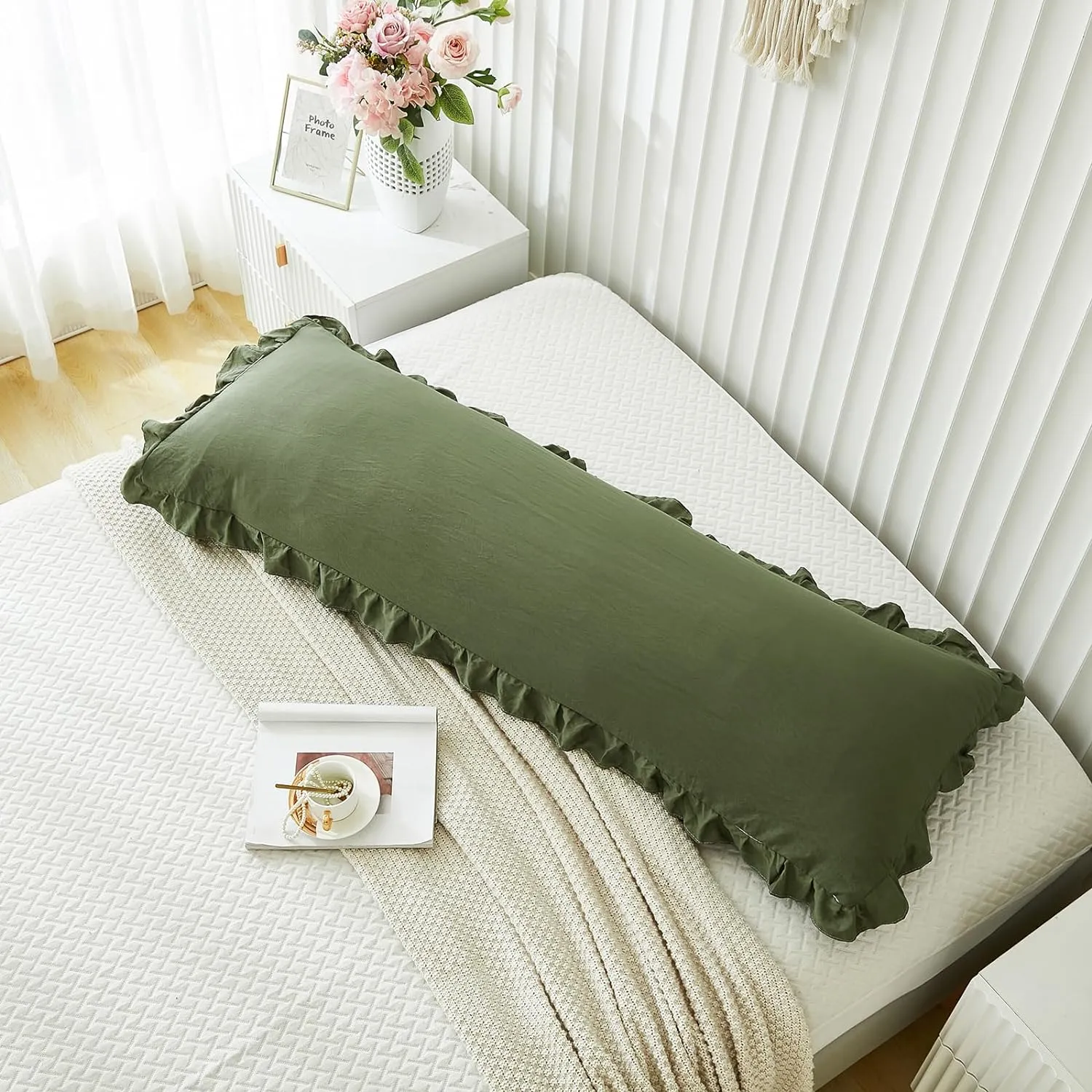 Shabby Chic Olive Green Body Pillow Cover - 20x54in Long Pillowcase with Ruffled Fringe Decor