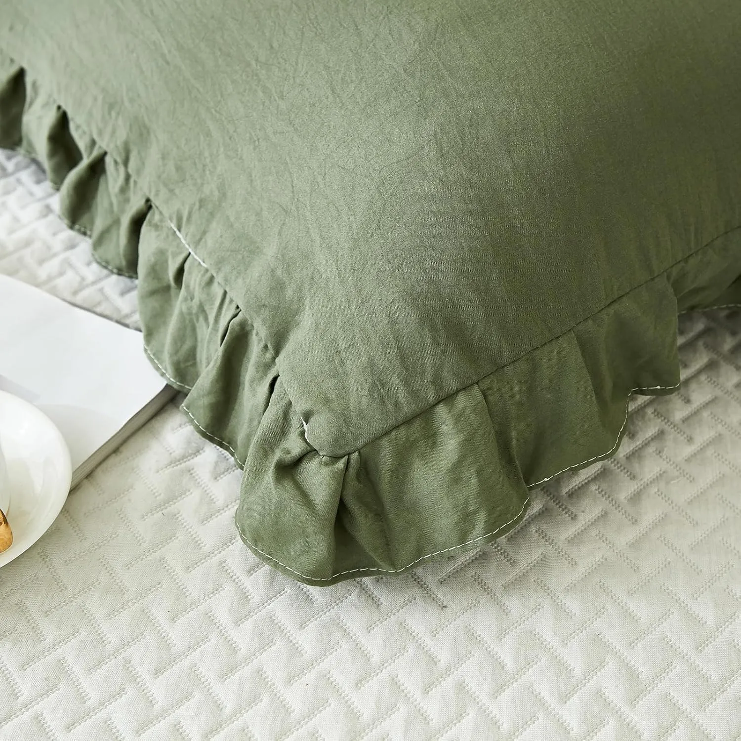 Shabby Chic Olive Green Body Pillow Cover - 20x54in Long Pillowcase with Ruffled Fringe Decor