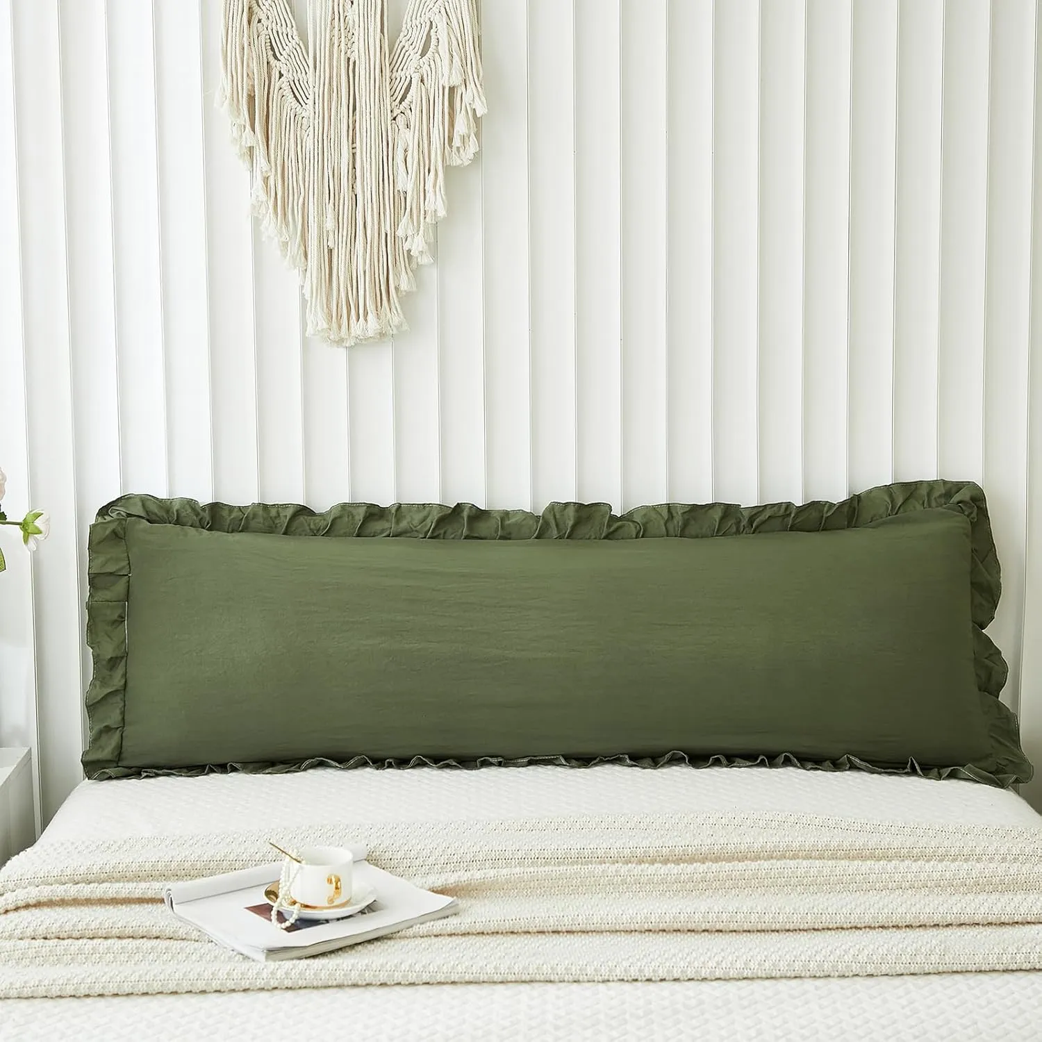 Shabby Chic Olive Green Body Pillow Cover - 20x54in Long Pillowcase with Ruffled Fringe Decor