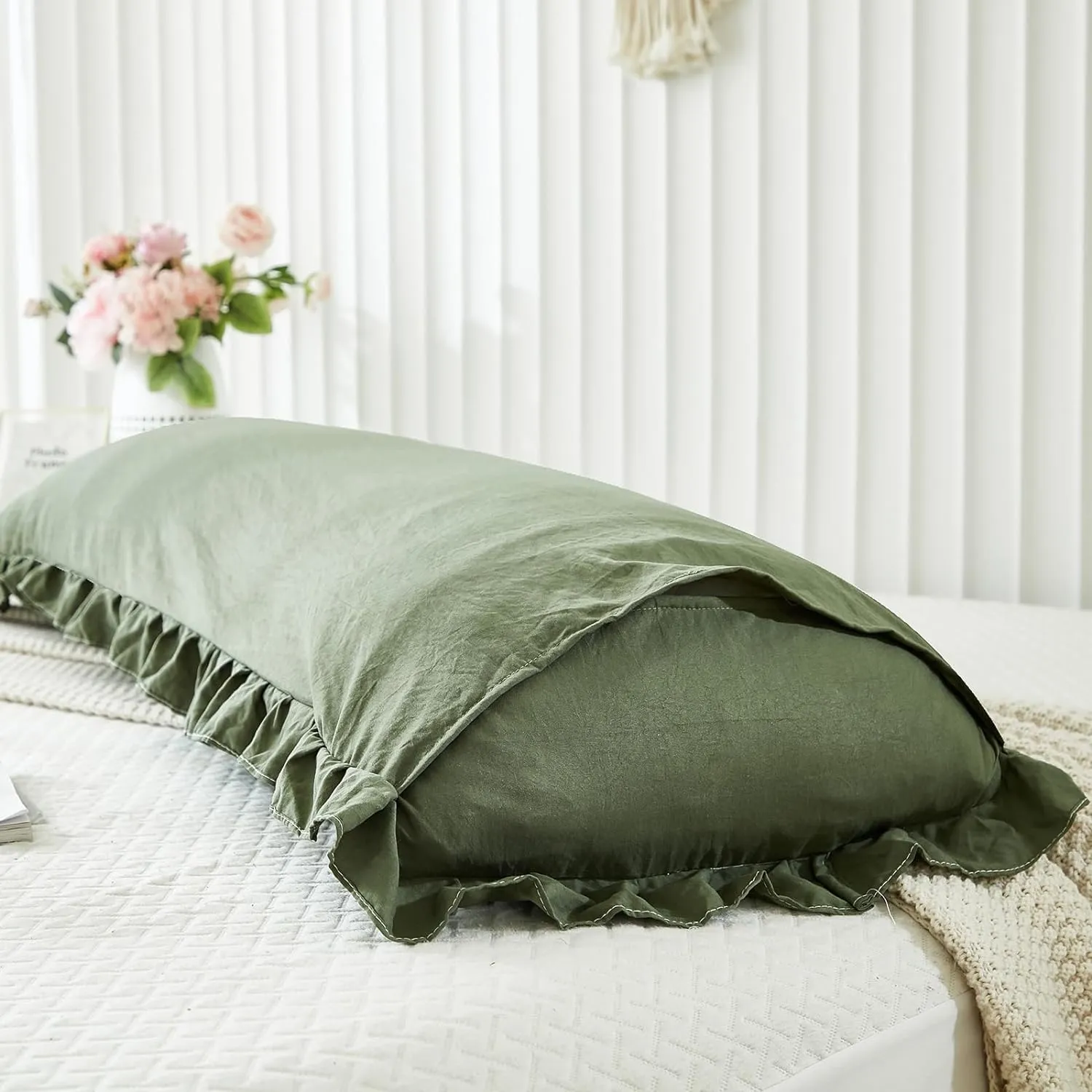 Shabby Chic Olive Green Body Pillow Cover - 20x54in Long Pillowcase with Ruffled Fringe Decor