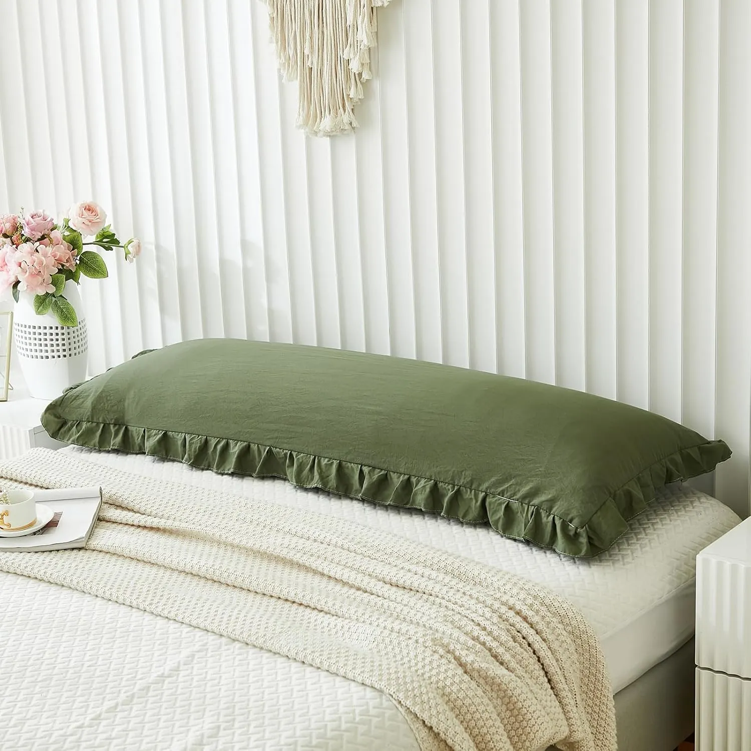 Shabby Chic Olive Green Body Pillow Cover - 20x54in Long Pillowcase with Ruffled Fringe Decor
