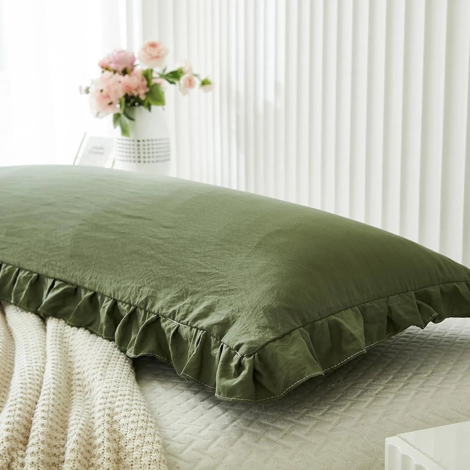 Shabby Chic Olive Green Body Pillow Cover - 20x54in Long Pillowcase with Ruffled Fringe Decor