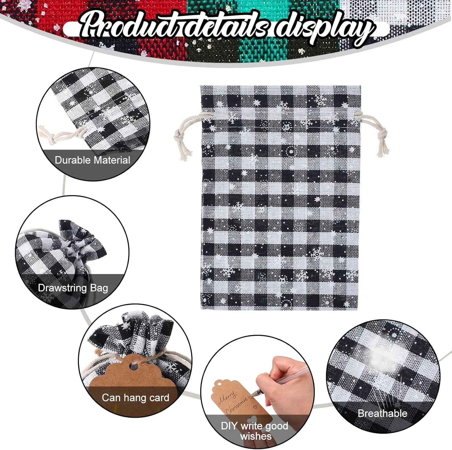 Shappy 48 Pcs Christmas Drawstring Bags Xmas Buffalo Plaid Burlap Candy Bags Linen Treat Sack Holiday Party Favor Christmas Sack Sachet with Cards and Rope(7 x 5 Inch,Black, Red, White, Green)