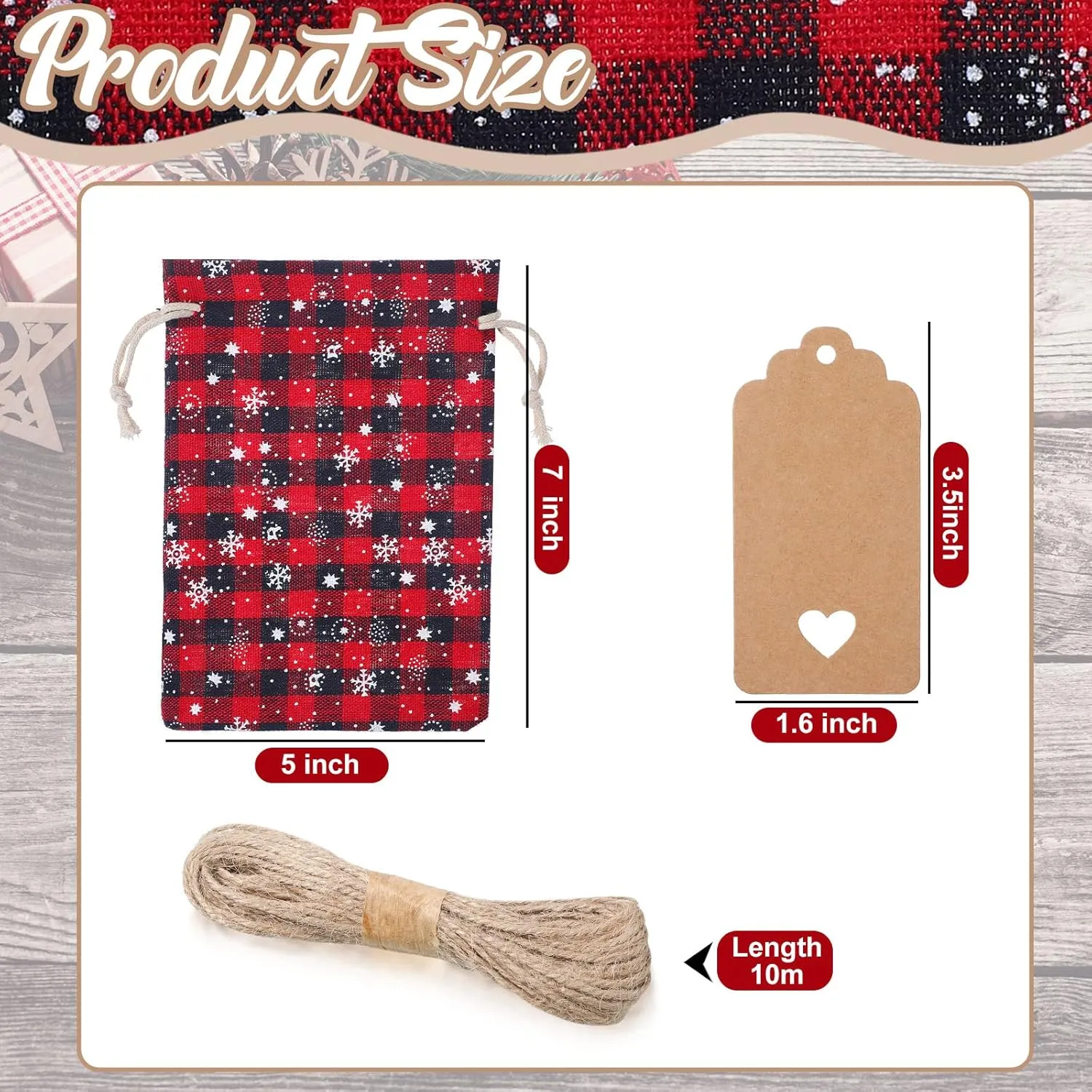 Shappy 48 Pcs Christmas Drawstring Bags Xmas Buffalo Plaid Burlap Candy Bags Linen Treat Sack Holiday Party Favor Christmas Sack Sachet with Cards and Rope(7 x 5 Inch,Black, Red, White, Green)