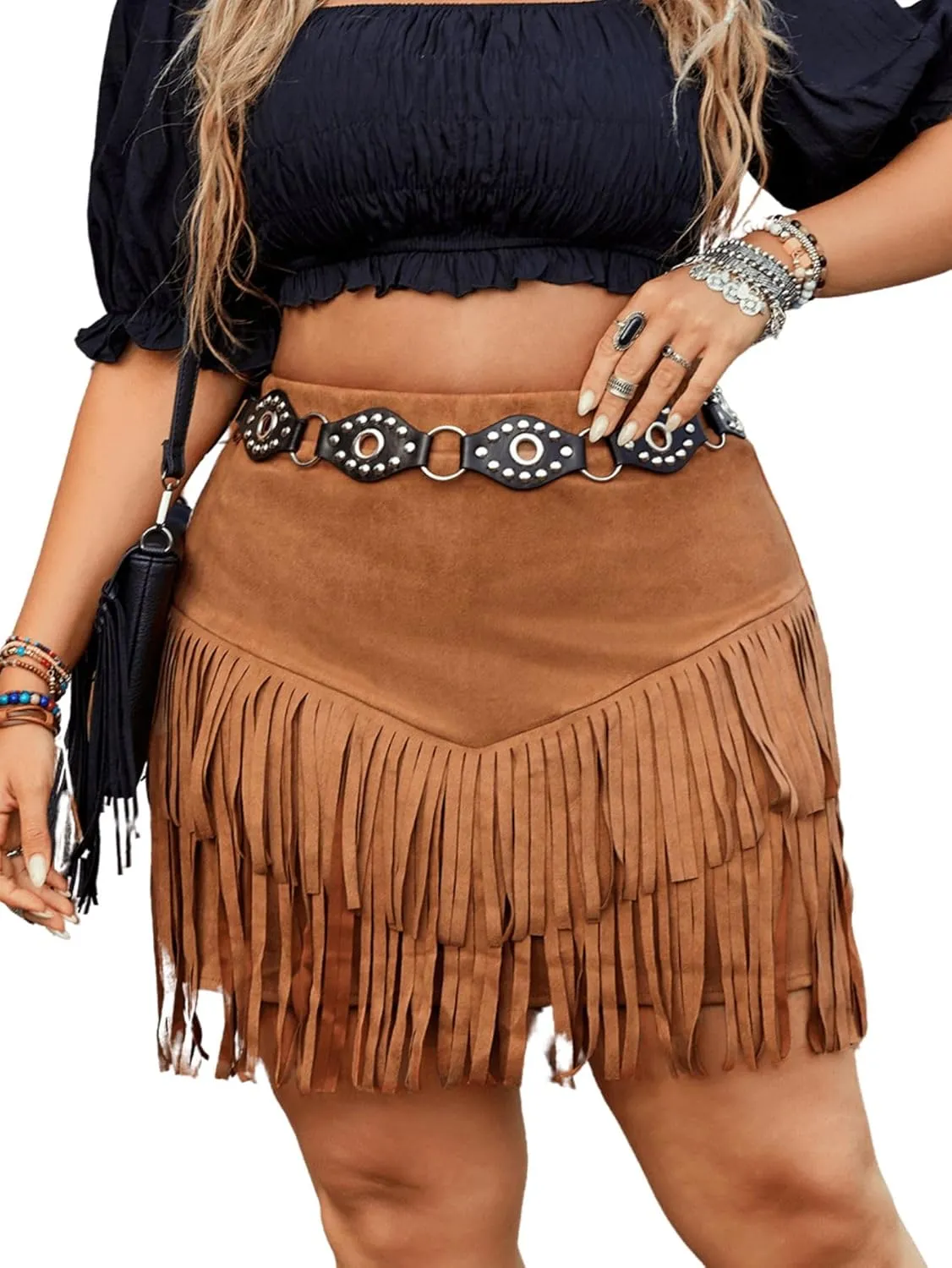 SHENHE Women's Plus Size Faux Suede Fringe Skirt Western Cowgirl High Waisted Country Tassel Short Skirt