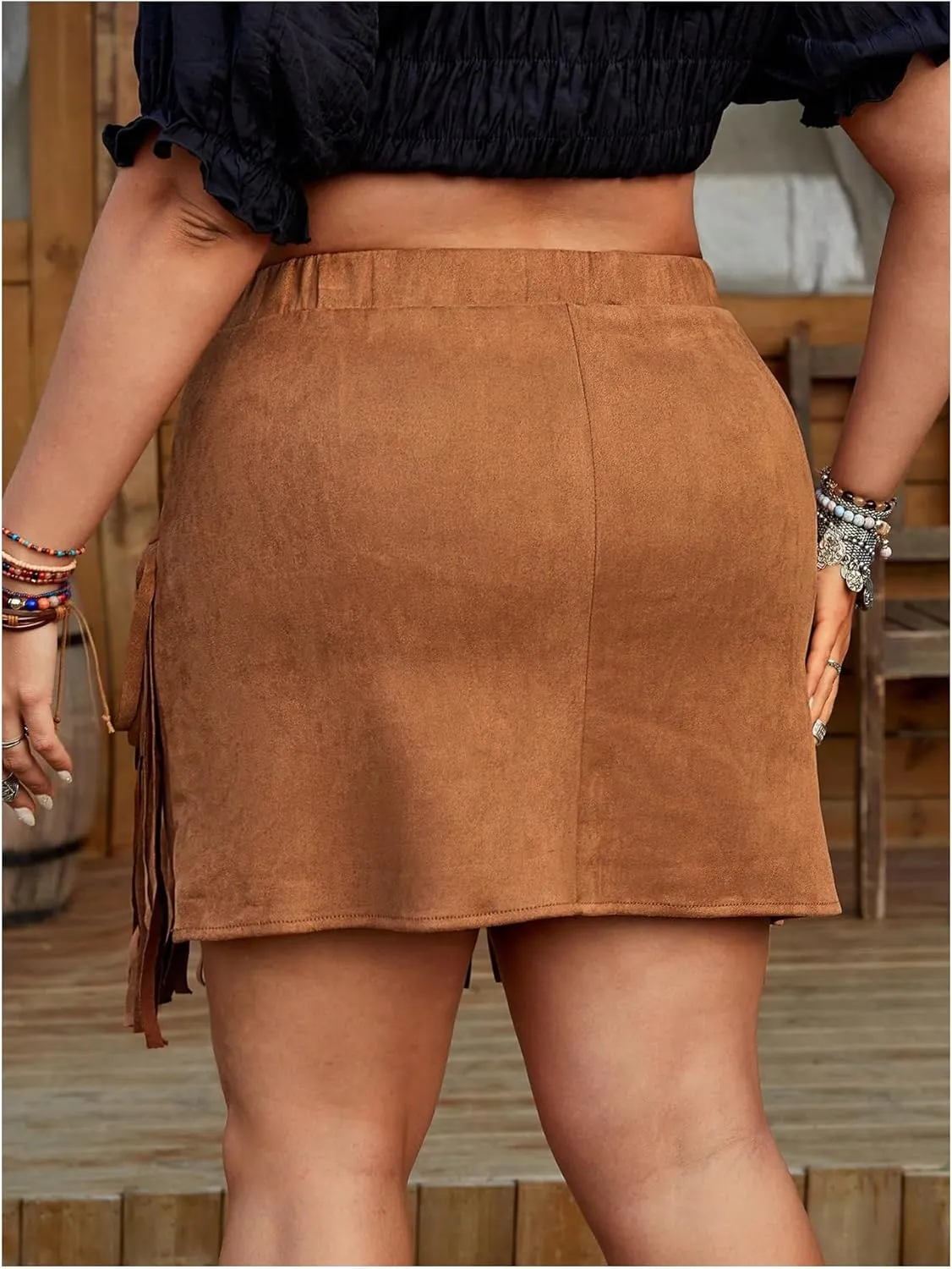 SHENHE Women's Plus Size Faux Suede Fringe Skirt Western Cowgirl High Waisted Country Tassel Short Skirt