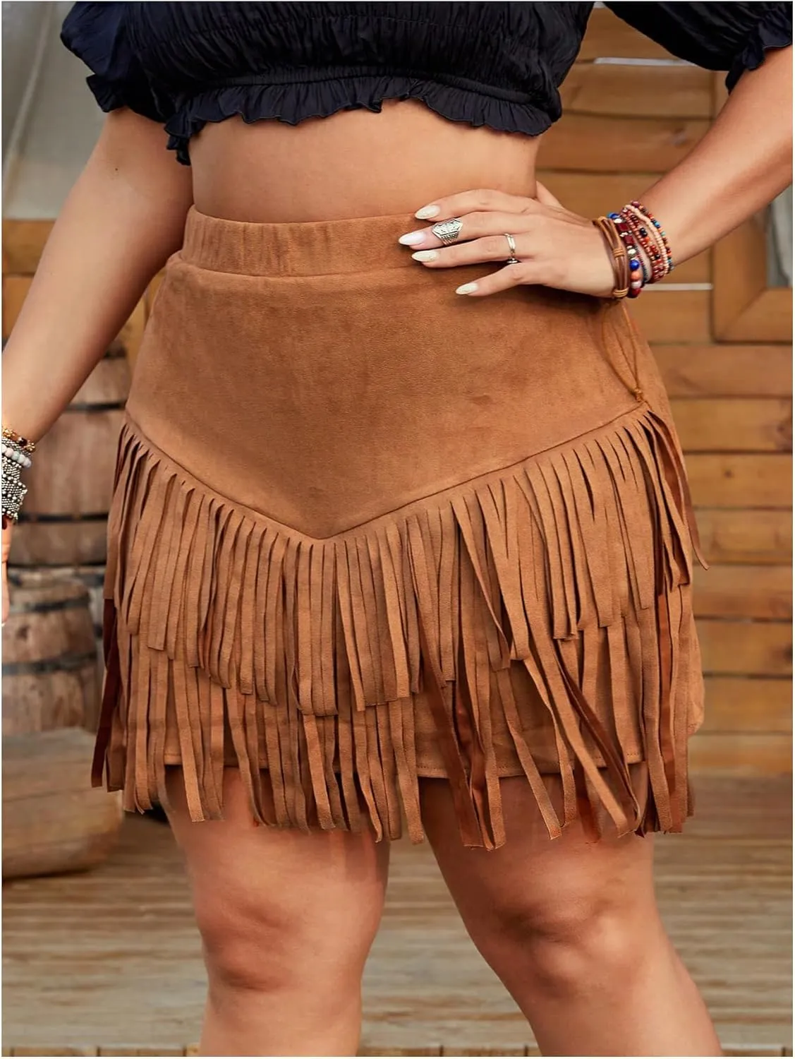 SHENHE Women's Plus Size Faux Suede Fringe Skirt Western Cowgirl High Waisted Country Tassel Short Skirt