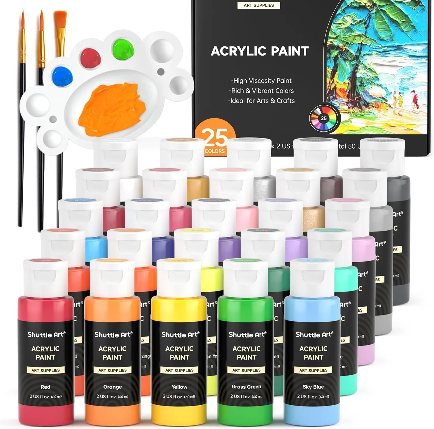 Shuttle Art 25 Colors Acrylic Paint Set, 2oz/60ml Bottles, Rich Pigmented Acrylic Paints for Artists, Beginners, Kids, Painting on Canvas Rocks Wood