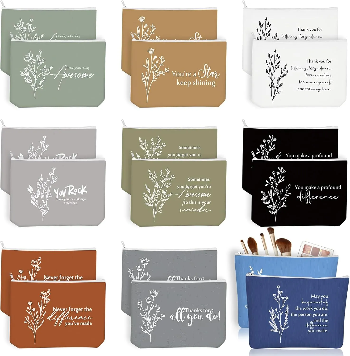 Sieral 20 Pcs Canvas Makeup Bags Bulk Inspirational Cosmetic Bag Pouch with Zipper for Women Employee Appreciation Thank You Gifts for Volunteer Teacher Nurse Assistant Mom Gifts(Boho Flower)