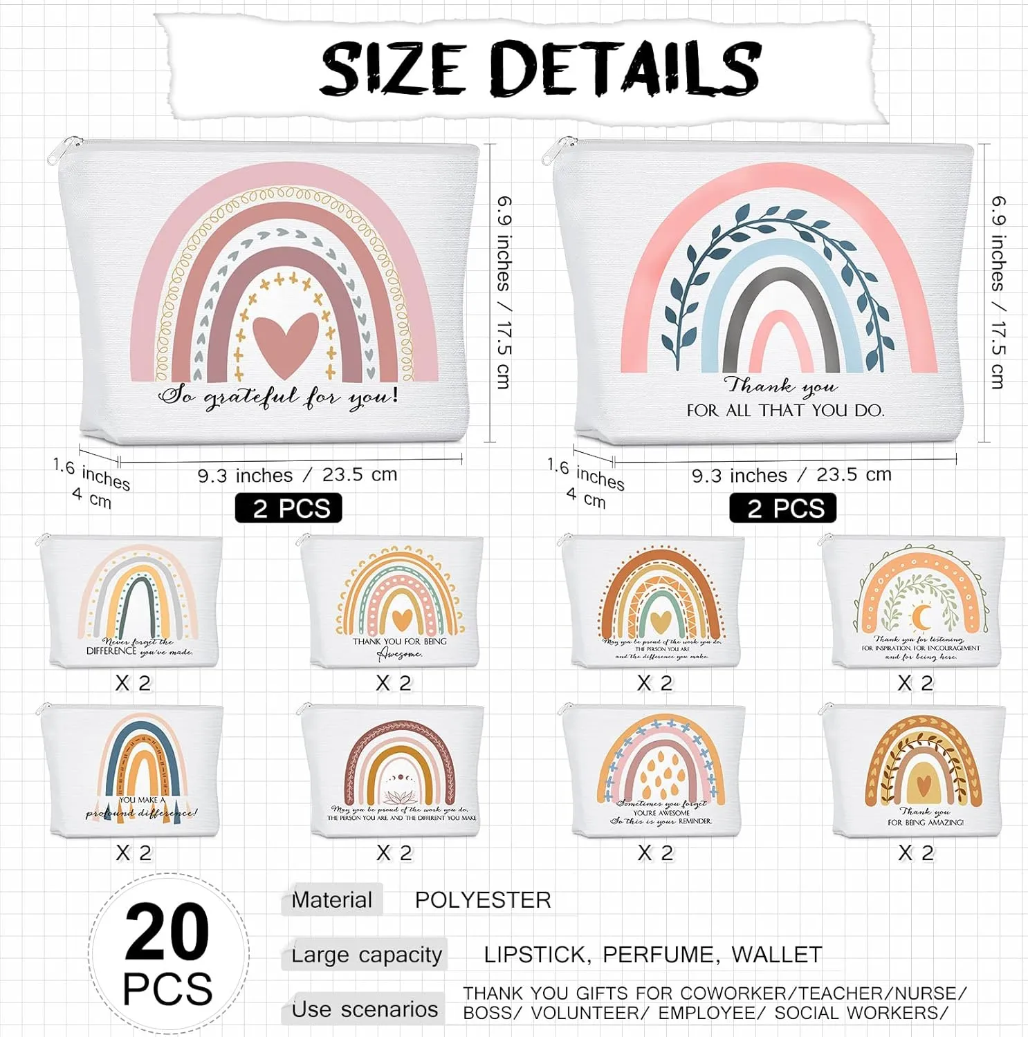 Sieral 20 Pcs Canvas Makeup Bags Bulk Inspirational Cosmetic Bag Pouch with Zipper for Women Employee Appreciation Thank You Gifts for Volunteer Teacher Nurse Assistant Mom Gifts(Rainbow)