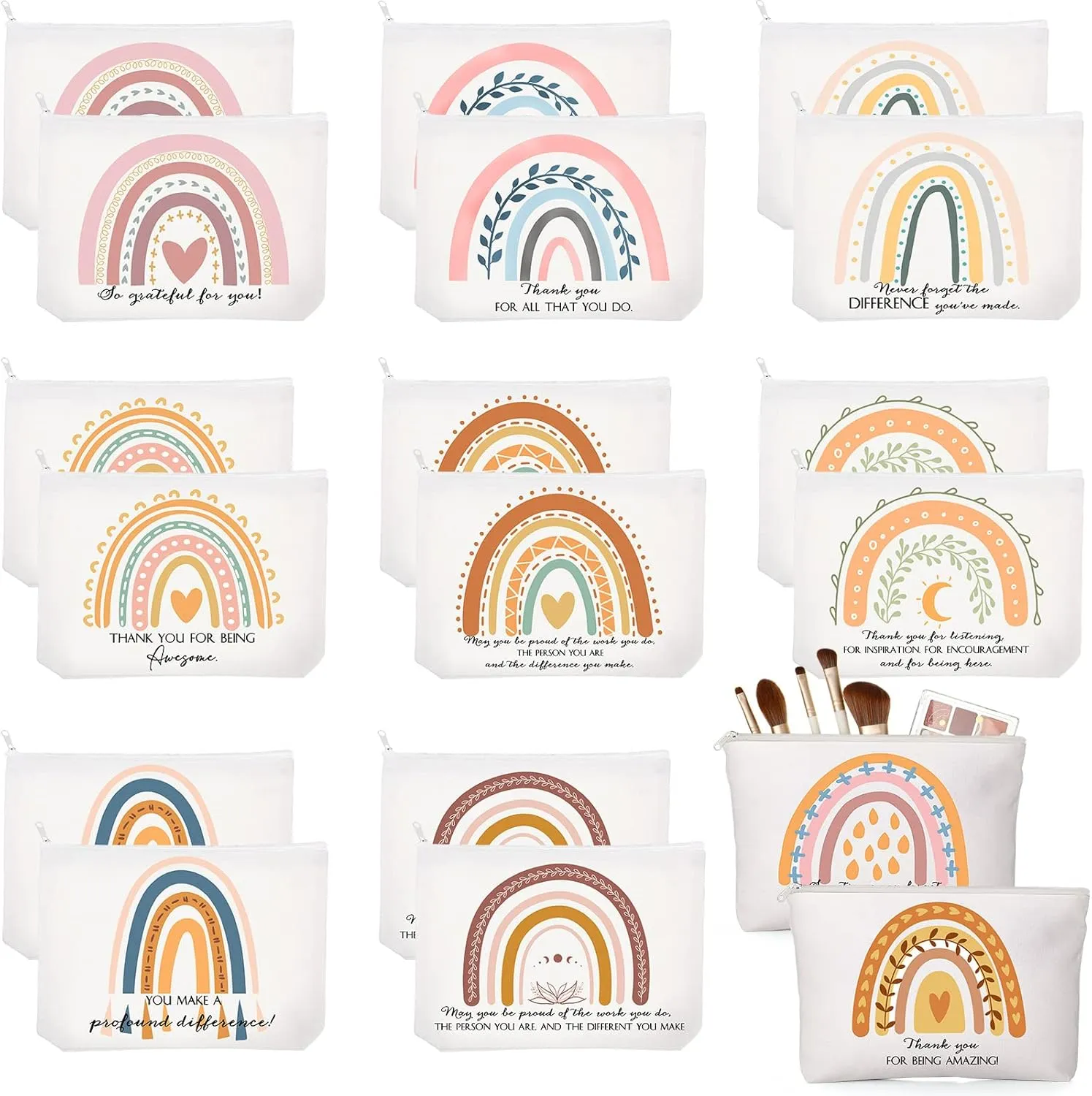 Sieral 20 Pcs Canvas Makeup Bags Bulk Inspirational Cosmetic Bag Pouch with Zipper for Women Employee Appreciation Thank You Gifts for Volunteer Teacher Nurse Assistant Mom Gifts(Rainbow)