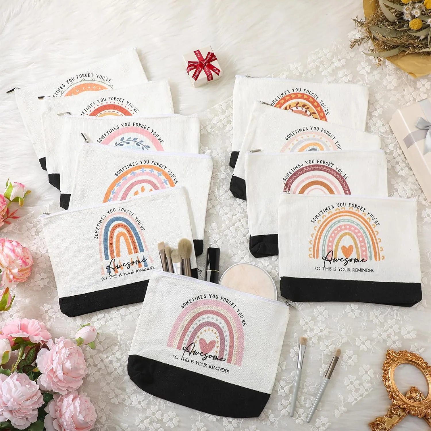 Sieral 30 Pcs Rainbow Canvas Makeup Bags Bulk CNA Week Gifts Employee Appreciation Gifts Graduation Inspirational Cosmetic Bags for Teacher Coworker Volunteer Nurse(Cute)