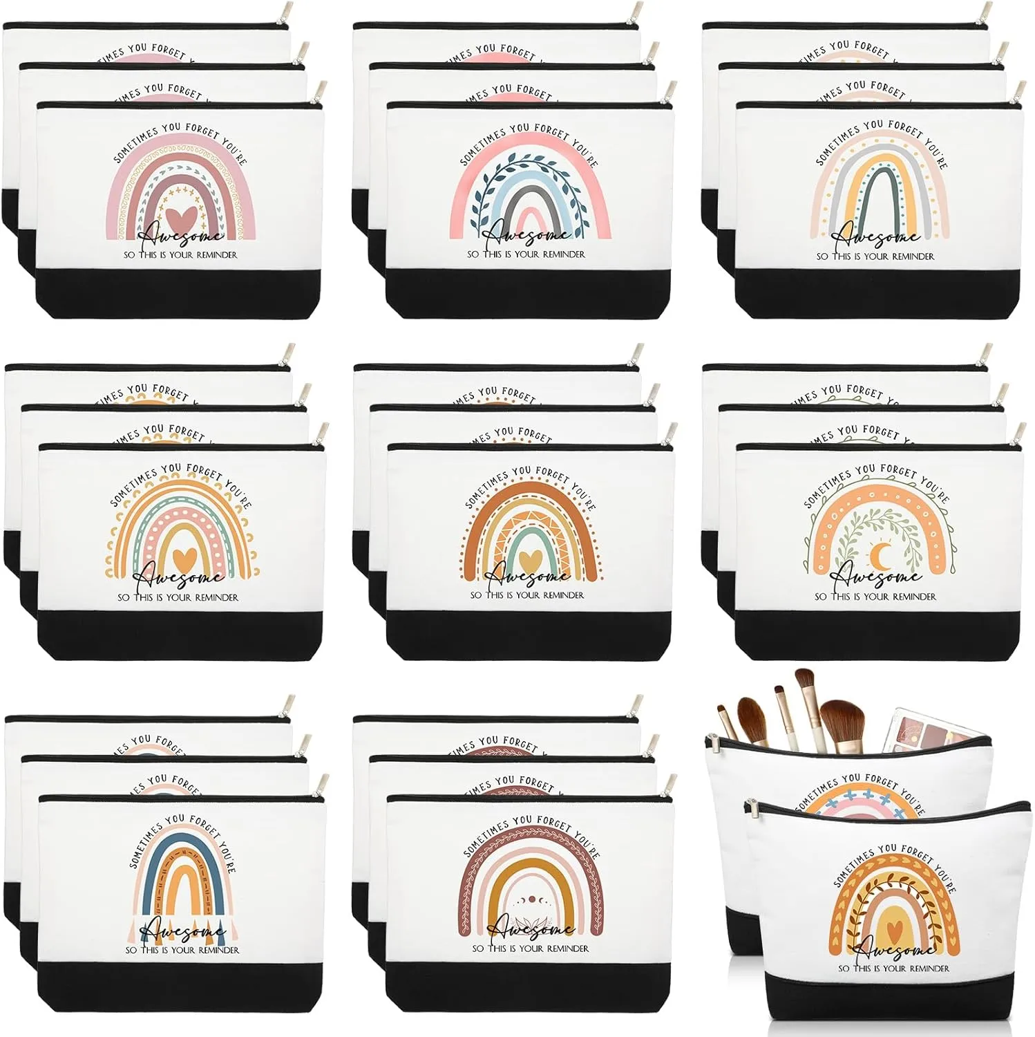 Sieral 30 Pcs Rainbow Canvas Makeup Bags Bulk CNA Week Gifts Employee Appreciation Gifts Graduation Inspirational Cosmetic Bags for Teacher Coworker Volunteer Nurse(Cute)