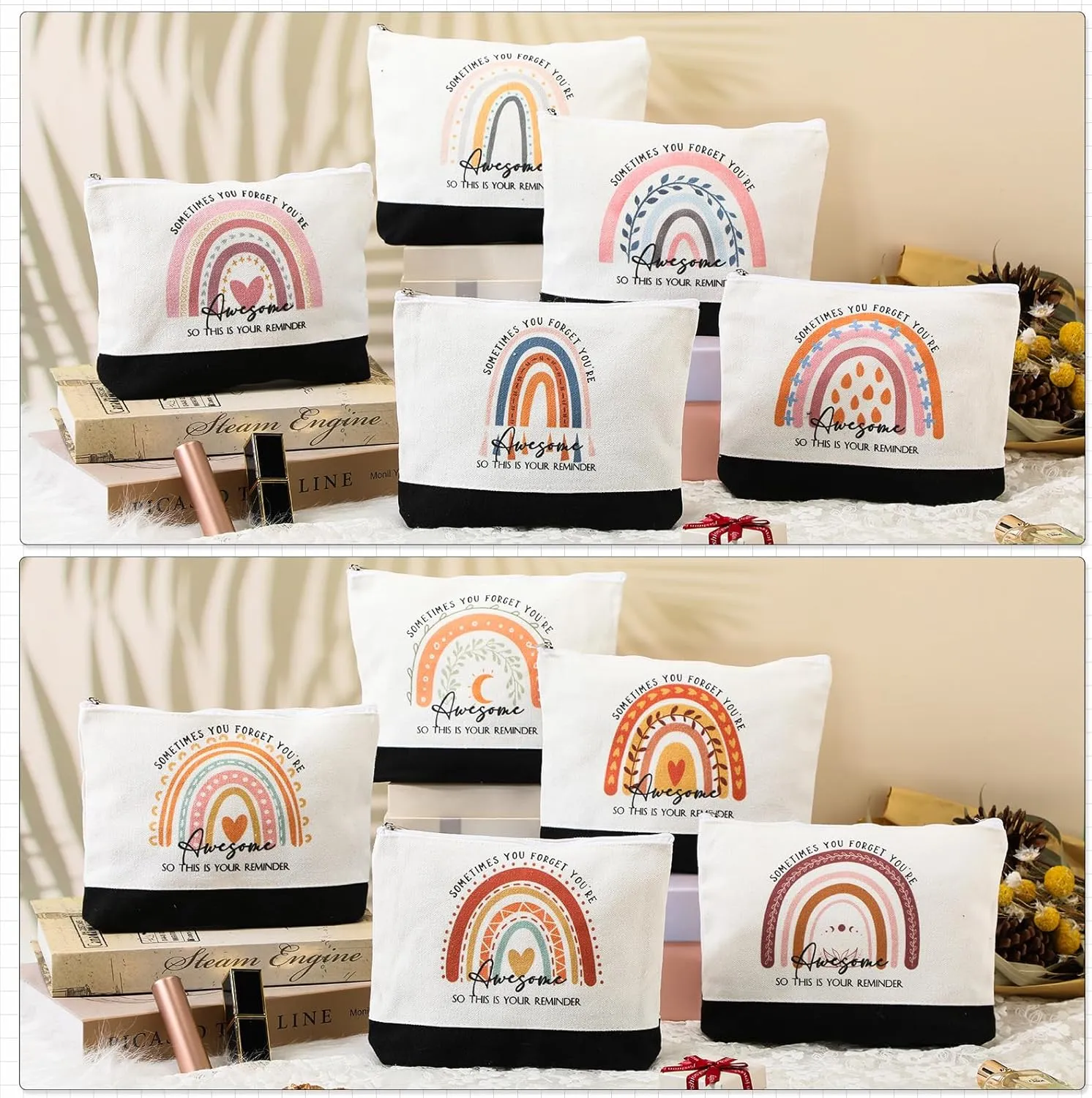 Sieral 30 Pcs Rainbow Canvas Makeup Bags Bulk CNA Week Gifts Employee Appreciation Gifts Graduation Inspirational Cosmetic Bags for Teacher Coworker Volunteer Nurse(Cute)