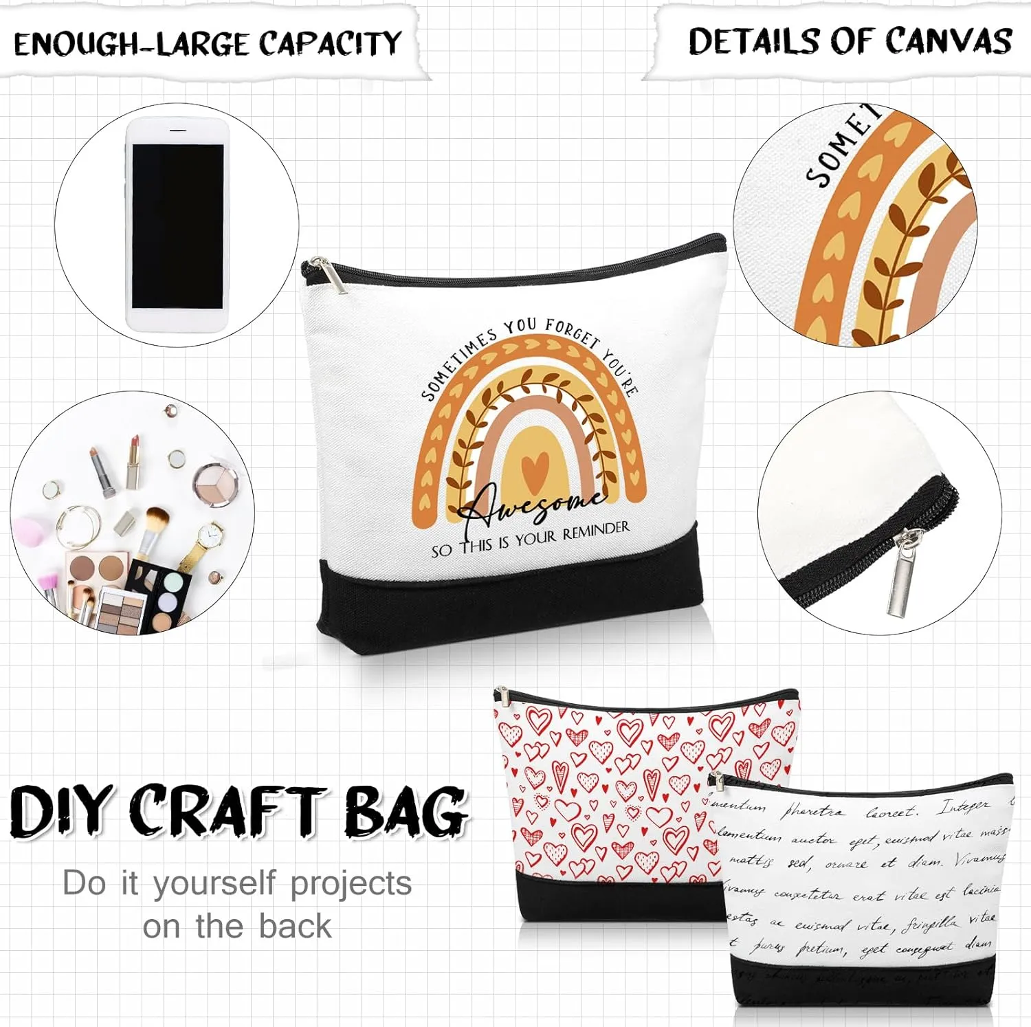 Sieral 30 Pcs Rainbow Canvas Makeup Bags Bulk CNA Week Gifts Employee Appreciation Gifts Graduation Inspirational Cosmetic Bags for Teacher Coworker Volunteer Nurse(Cute)