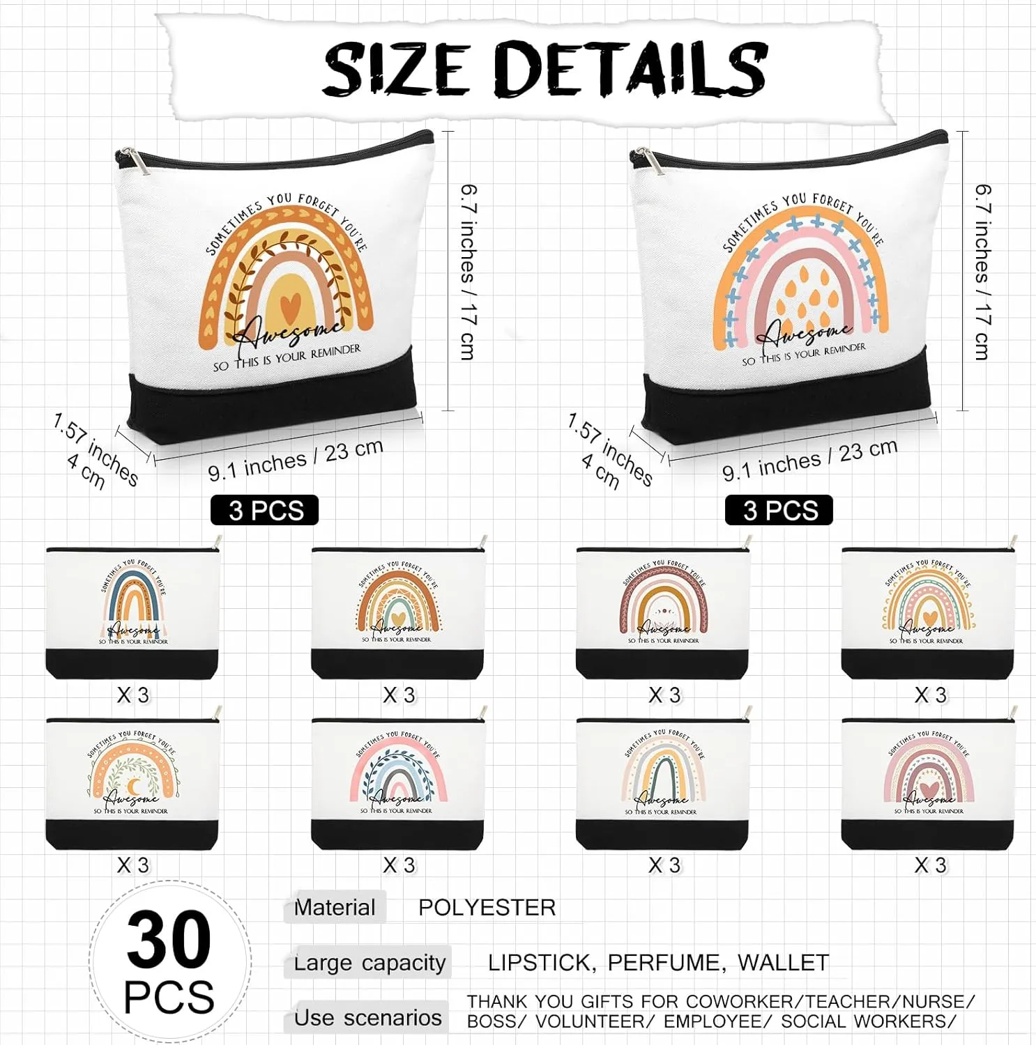 Sieral 30 Pcs Rainbow Canvas Makeup Bags Bulk CNA Week Gifts Employee Appreciation Gifts Graduation Inspirational Cosmetic Bags for Teacher Coworker Volunteer Nurse(Cute)