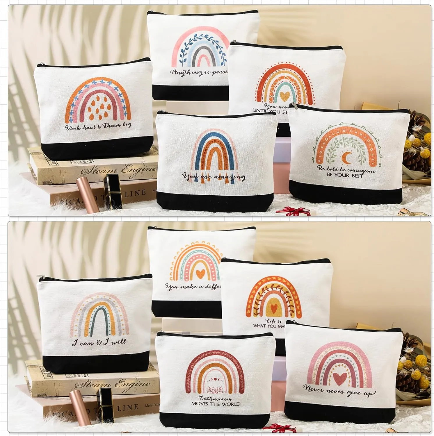 Sieral 30 Pcs Rainbow Canvas Makeup Bags Bulk CNA Week Gifts Employee Appreciation Gifts Graduation Inspirational Cosmetic Bags for Teacher Coworker Volunteer Nurse(Motivational)