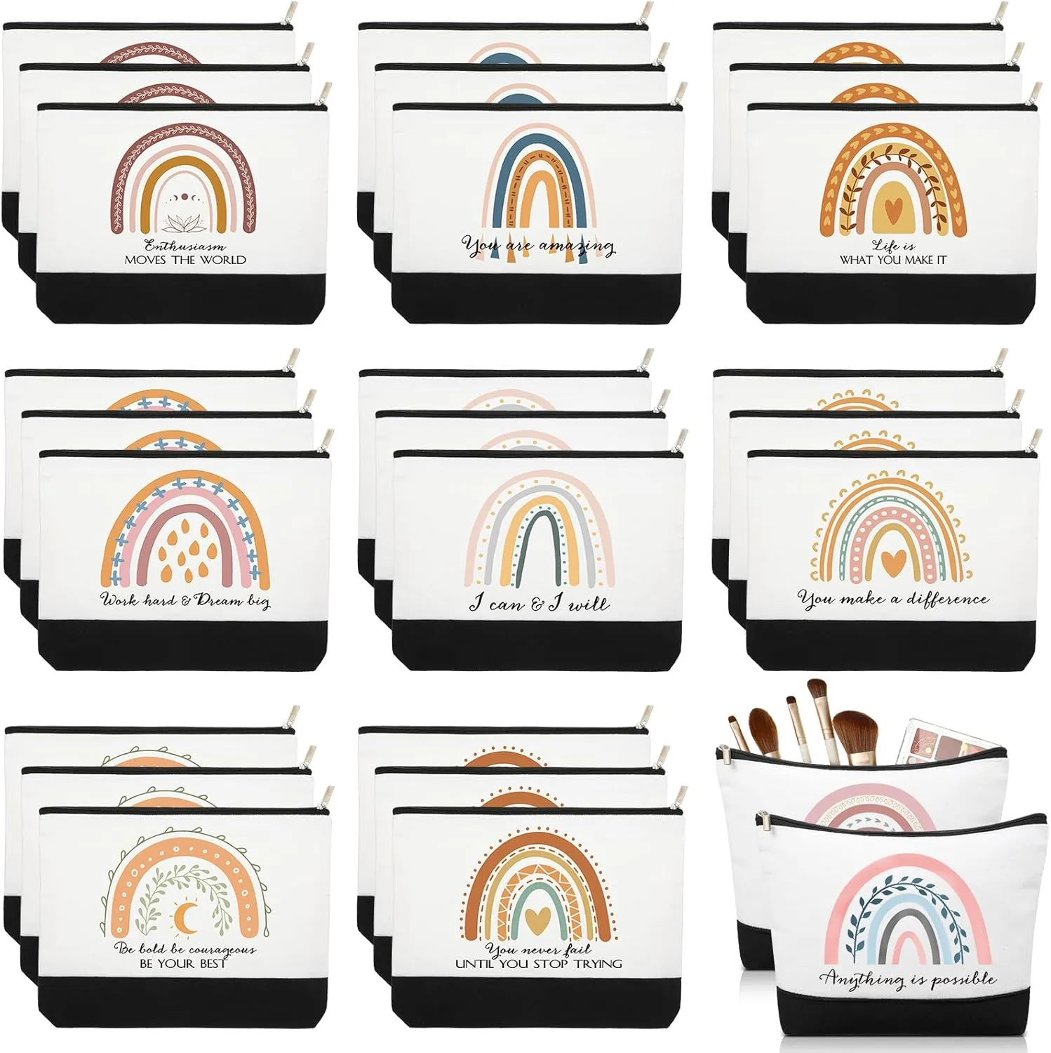 Sieral 30 Pcs Rainbow Canvas Makeup Bags Bulk CNA Week Gifts Employee Appreciation Gifts Graduation Inspirational Cosmetic Bags for Teacher Coworker Volunteer Nurse(Motivational)