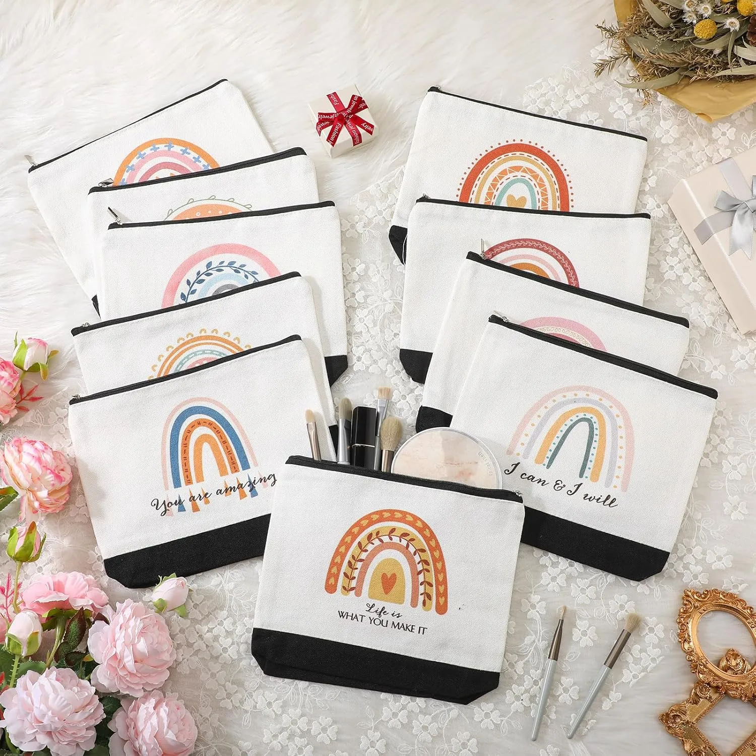 Sieral 30 Pcs Rainbow Canvas Makeup Bags Bulk CNA Week Gifts Employee Appreciation Gifts Graduation Inspirational Cosmetic Bags for Teacher Coworker Volunteer Nurse(Motivational)