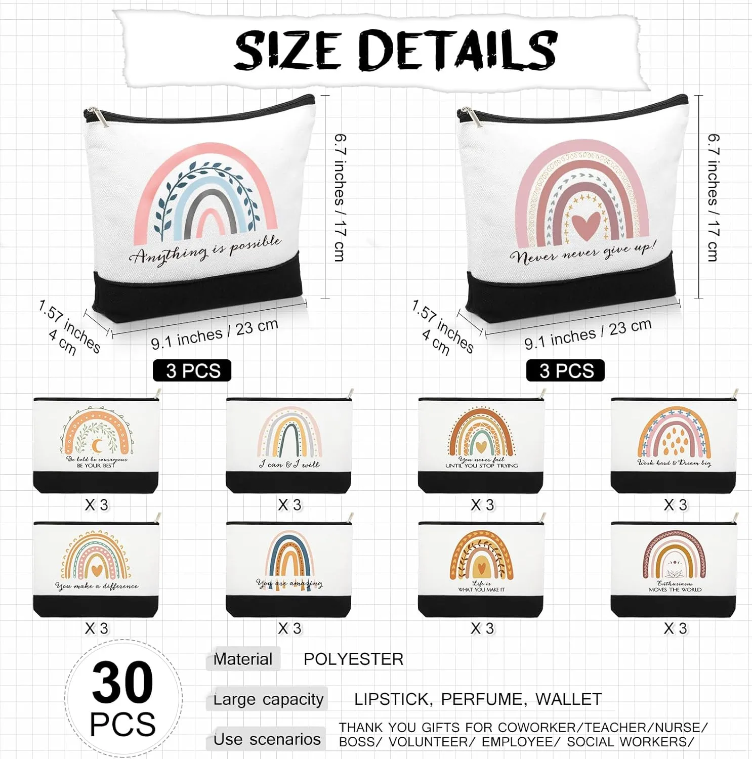 Sieral 30 Pcs Rainbow Canvas Makeup Bags Bulk CNA Week Gifts Employee Appreciation Gifts Graduation Inspirational Cosmetic Bags for Teacher Coworker Volunteer Nurse(Motivational)