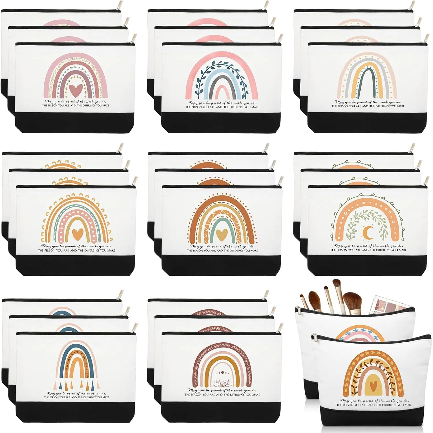Sieral 30 Pcs Rainbow Canvas Makeup Bags Bulk CNA Week Gifts Employee Appreciation Gifts Graduation Inspirational Cosmetic Bags for Teacher Coworker Volunteer Nurse(Vibrant)