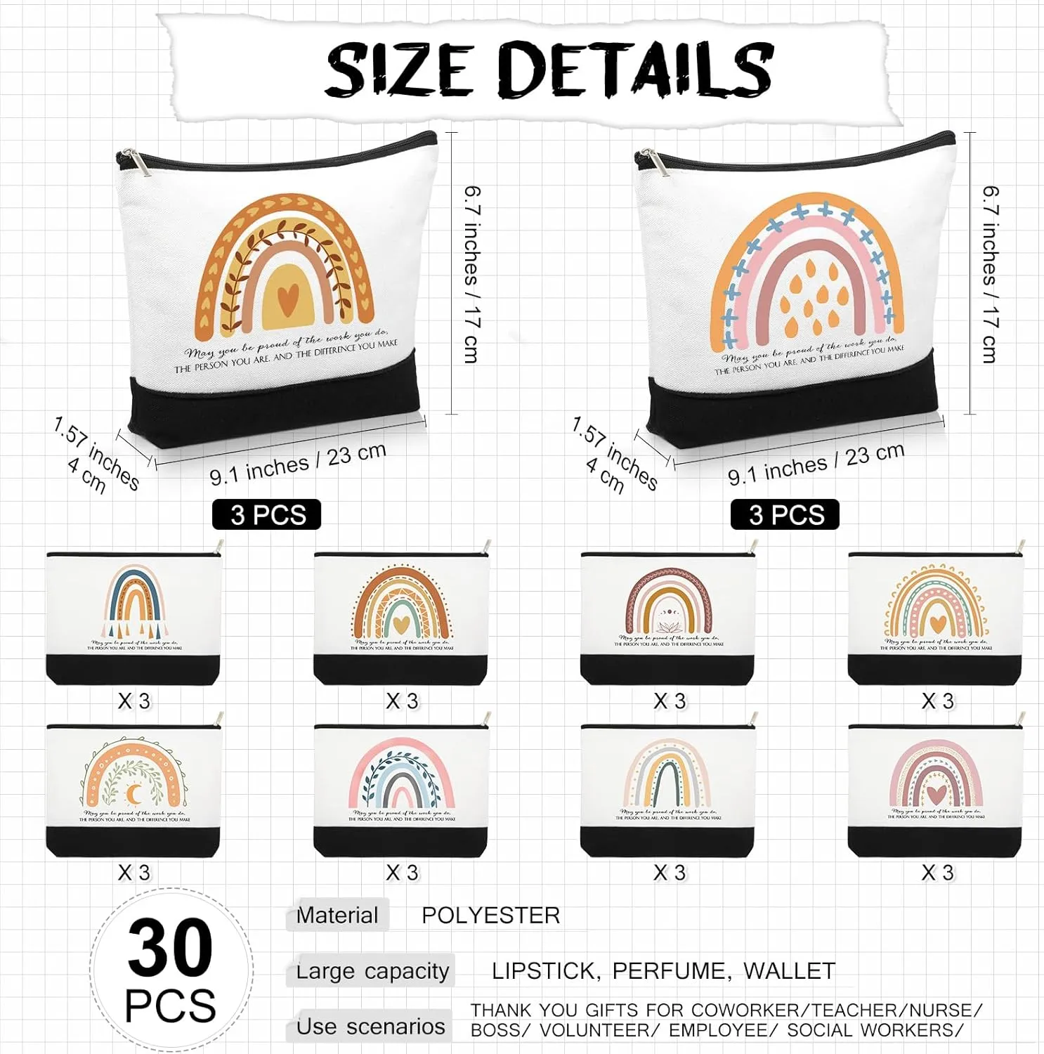 Sieral 30 Pcs Rainbow Canvas Makeup Bags Bulk CNA Week Gifts Employee Appreciation Gifts Graduation Inspirational Cosmetic Bags for Teacher Coworker Volunteer Nurse(Vibrant)