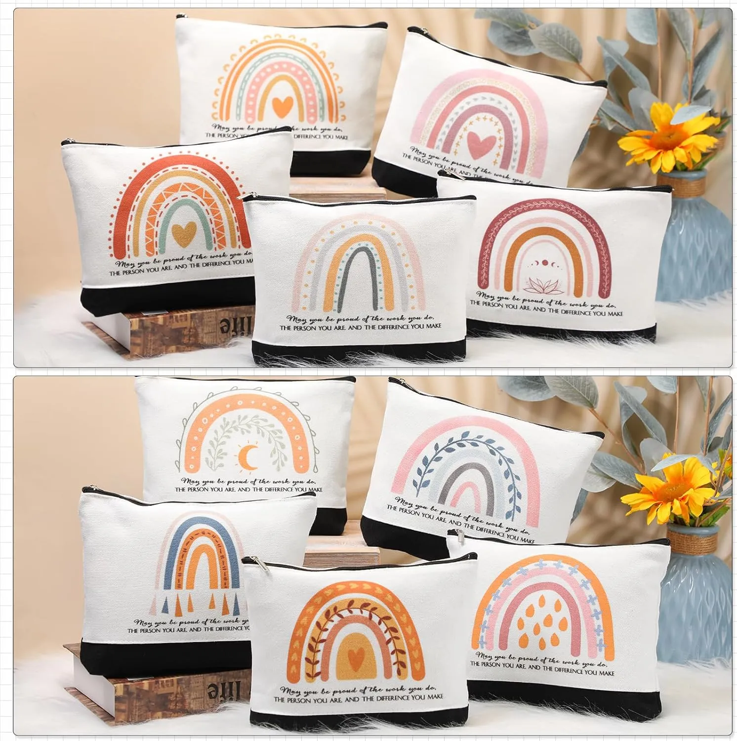 Sieral 30 Pcs Rainbow Canvas Makeup Bags Bulk CNA Week Gifts Employee Appreciation Gifts Graduation Inspirational Cosmetic Bags for Teacher Coworker Volunteer Nurse(Vibrant)