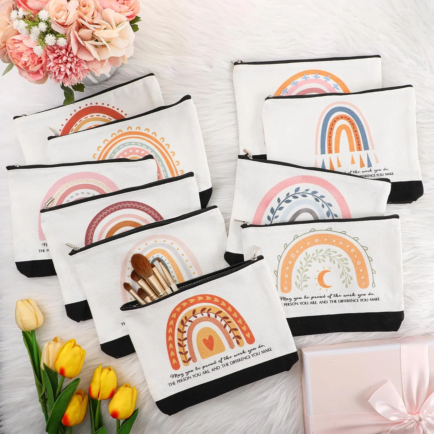 Sieral 30 Pcs Rainbow Canvas Makeup Bags Bulk CNA Week Gifts Employee Appreciation Gifts Graduation Inspirational Cosmetic Bags for Teacher Coworker Volunteer Nurse(Vibrant)