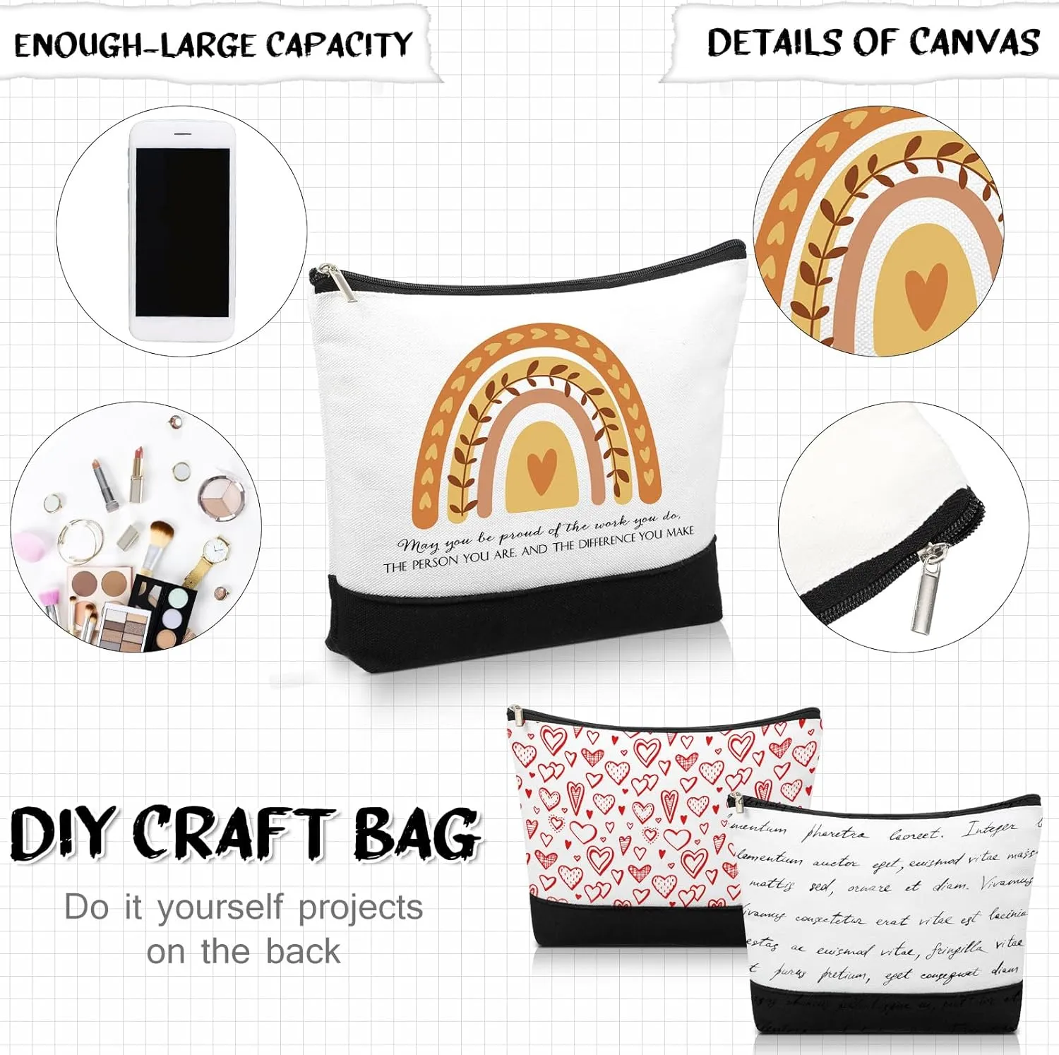 Sieral 30 Pcs Rainbow Canvas Makeup Bags Bulk CNA Week Gifts Employee Appreciation Gifts Graduation Inspirational Cosmetic Bags for Teacher Coworker Volunteer Nurse(Vibrant)