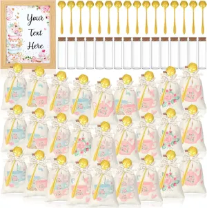 SiliFine 36 Set Tea Party Gifts for Women Goodie Treat Bags Set Floral Cotton Gift Bags Gold TeaSpoons with Glass Jar for Birthday Baby Shower Wedding Bridal Party