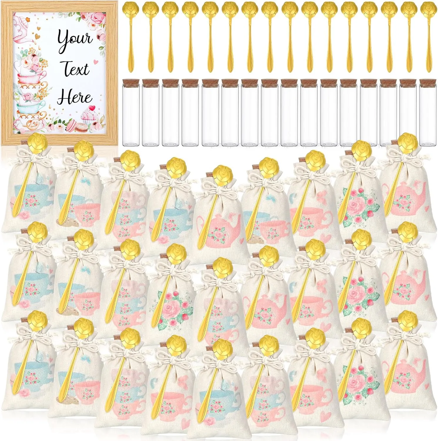 SiliFine 36 Set Tea Party Gifts for Women Goodie Treat Bags Set Floral Cotton Gift Bags Gold TeaSpoons with Glass Jar for Birthday Baby Shower Wedding Bridal Party