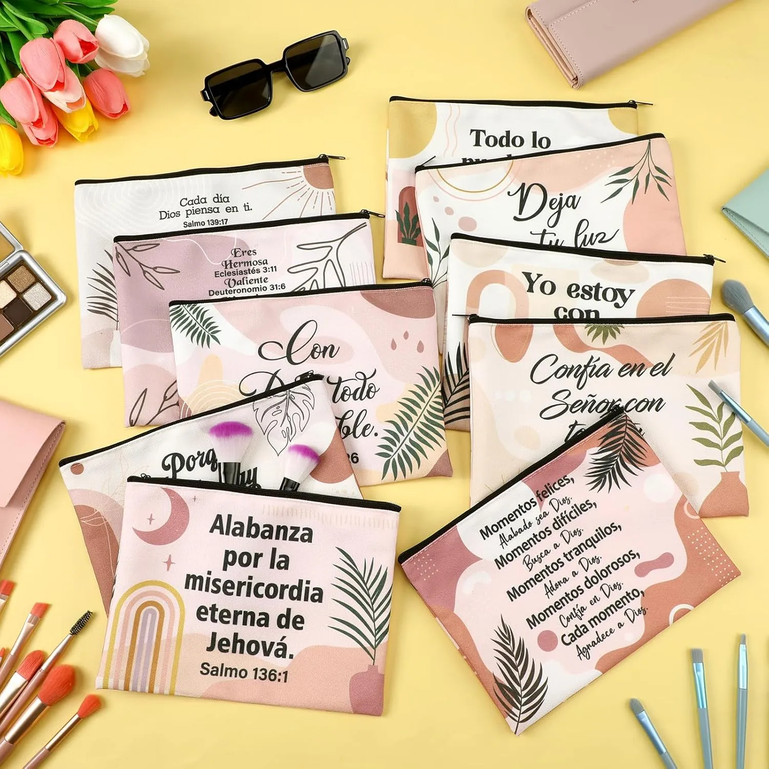 Silkfly 24 Pcs Christian Gift for Women Mother's Day Gifts Church Bulk Religious Makeup Bags Spanish Gift Inspirational Bible Verse Cosmetic Bag Canvas Scripture Pencil Pouch(Pastel,Boho)
