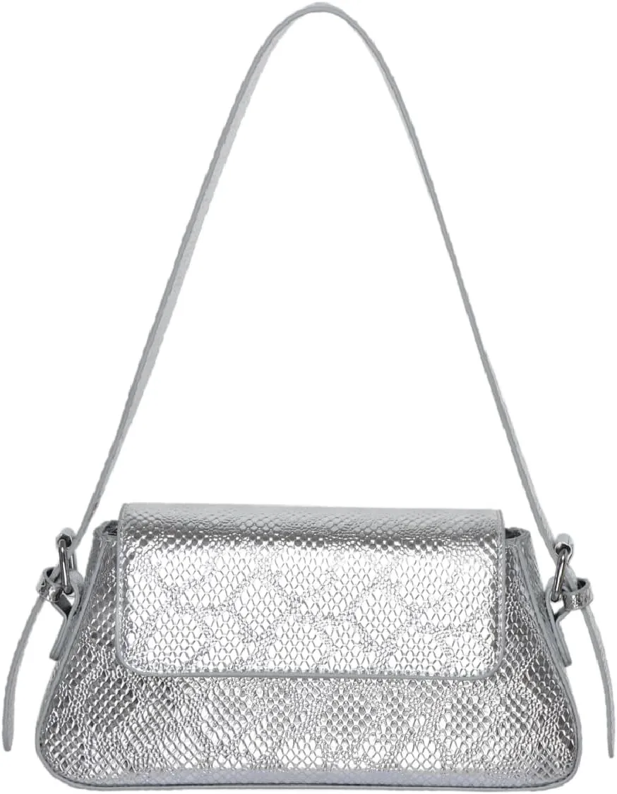 Silver Metallic Evening Bag for Women Y2K Silver Leather Shoulder Bags Sparkle Purse for Prom Wedding Party
