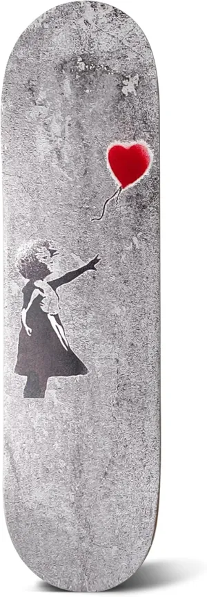 Skateboard Canvas Wall Art – Banksy Red Heart Balloon Girl Skateboard Art - 7 Ply Maple Wood Deck | Graffiti Canvas Wall Art for Home, Room, Bathroom Decor